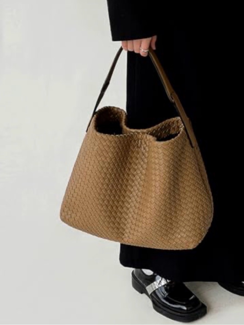 Woven Vegan Leather Tote Bag + Matching Clutch | Camel/Taupe